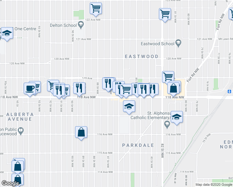 map of restaurants, bars, coffee shops, grocery stores, and more near 8636 118 Avenue Northwest in Edmonton