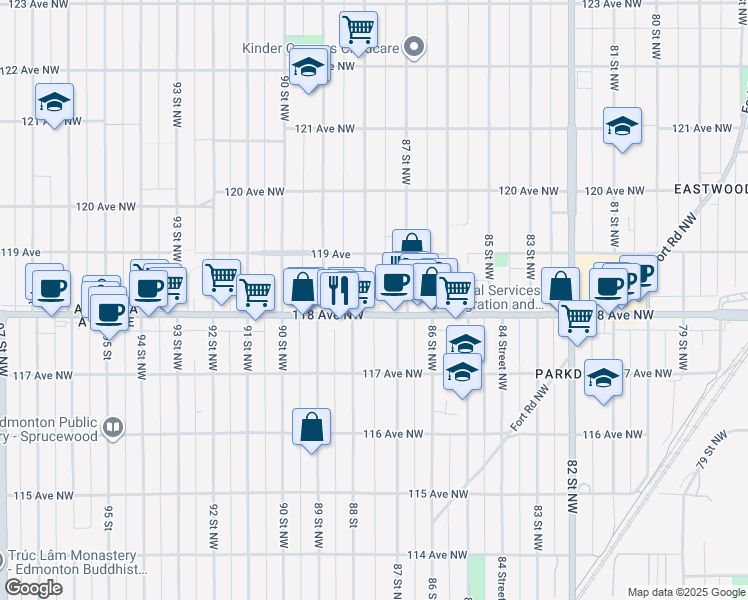 map of restaurants, bars, coffee shops, grocery stores, and more near 8731 118 Avenue Northwest in Edmonton