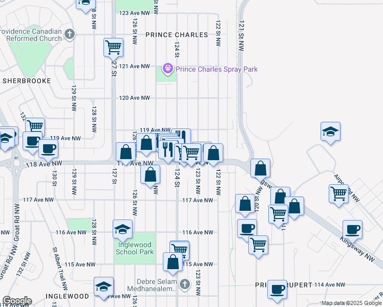 map of restaurants, bars, coffee shops, grocery stores, and more near 12304 118 Avenue Northwest in Edmonton