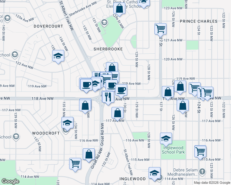 map of restaurants, bars, coffee shops, grocery stores, and more near 12948 118 Avenue Northwest in Edmonton