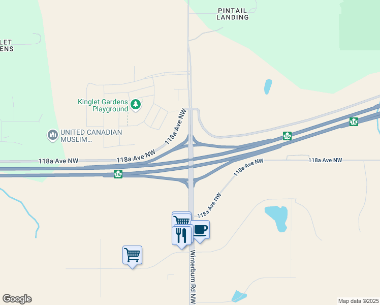 map of restaurants, bars, coffee shops, grocery stores, and more near Winterburn Road in Edmonton