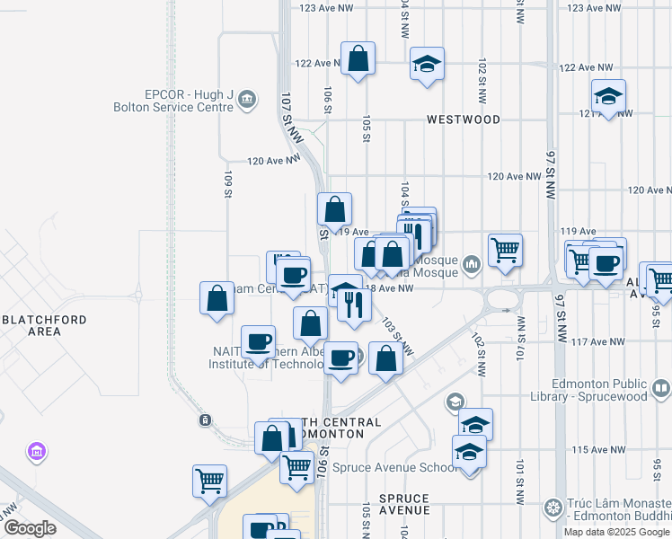 map of restaurants, bars, coffee shops, grocery stores, and more near 11819 106 Street Northwest in Edmonton