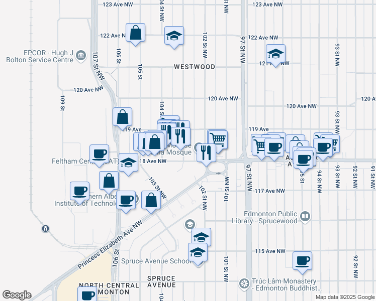 map of restaurants, bars, coffee shops, grocery stores, and more near 11815 103 Street Northwest in Edmonton