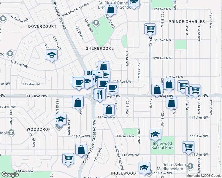 map of restaurants, bars, coffee shops, grocery stores, and more near 12940 118 Avenue Northwest in Edmonton