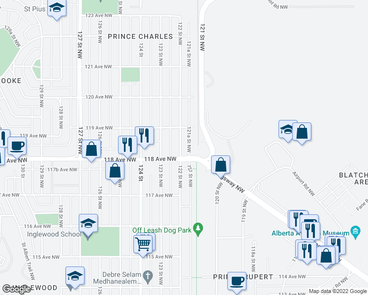map of restaurants, bars, coffee shops, grocery stores, and more near 11811 122 Street Northwest in Edmonton