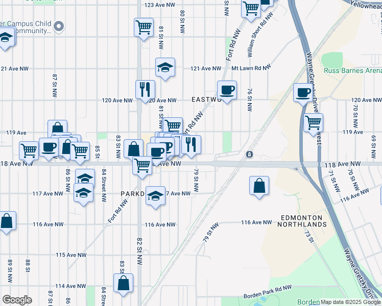 map of restaurants, bars, coffee shops, grocery stores, and more near 11816 79 Street Northwest in Edmonton