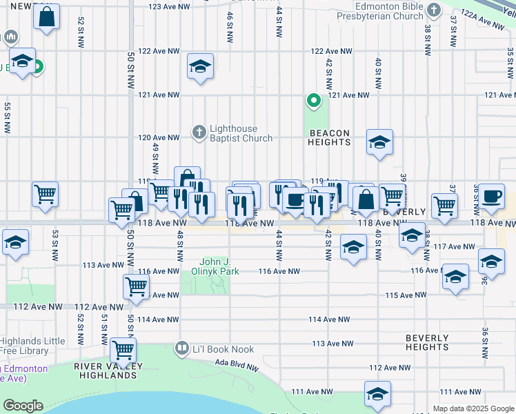map of restaurants, bars, coffee shops, grocery stores, and more near 11811 45 Street Northwest in Edmonton