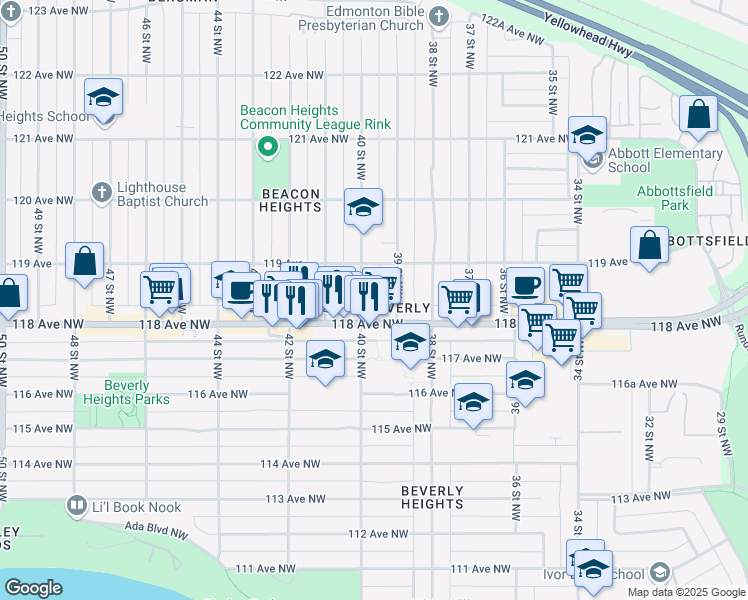 map of restaurants, bars, coffee shops, grocery stores, and more near 11811 40 Street Northwest in Edmonton
