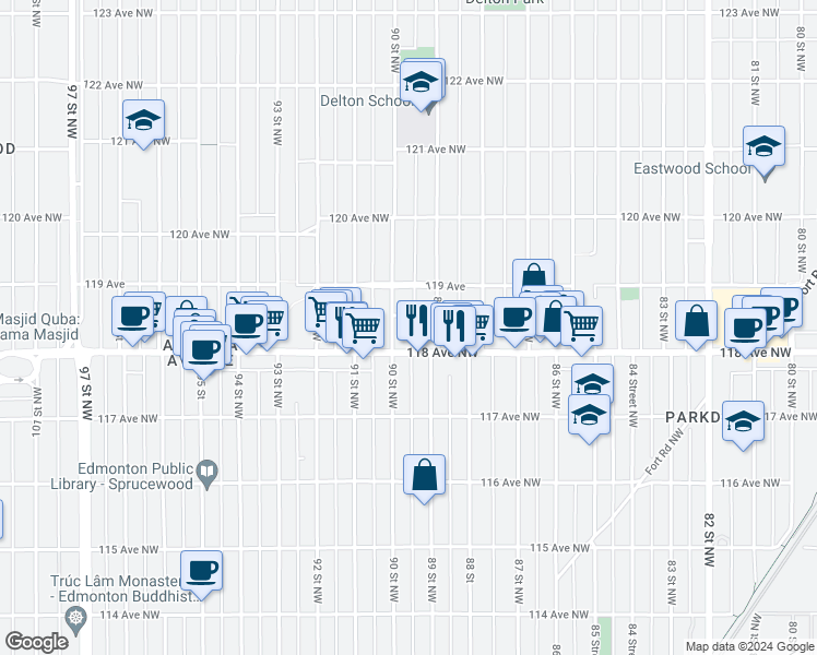 map of restaurants, bars, coffee shops, grocery stores, and more near 11821 90 Street Northwest in Edmonton