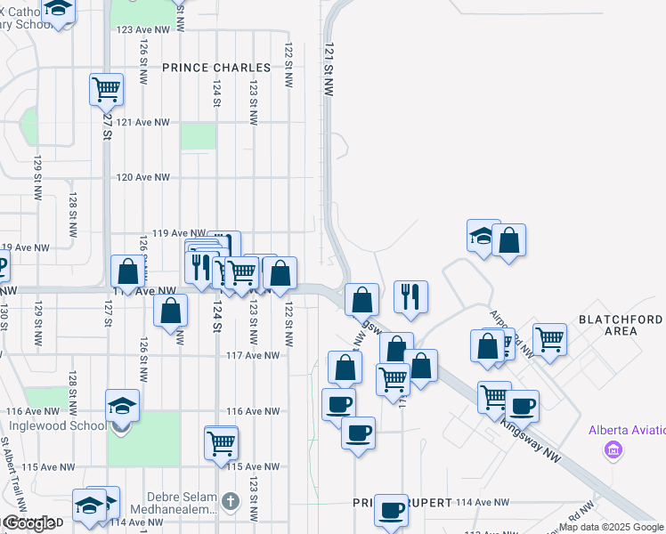 map of restaurants, bars, coffee shops, grocery stores, and more near 11820 121 Street Northwest in Edmonton