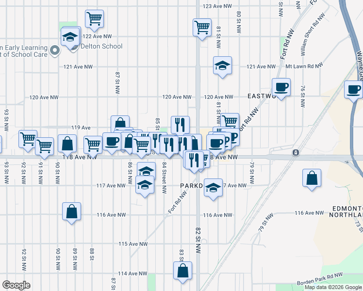 map of restaurants, bars, coffee shops, grocery stores, and more near 11819 83 Street Northwest in Edmonton