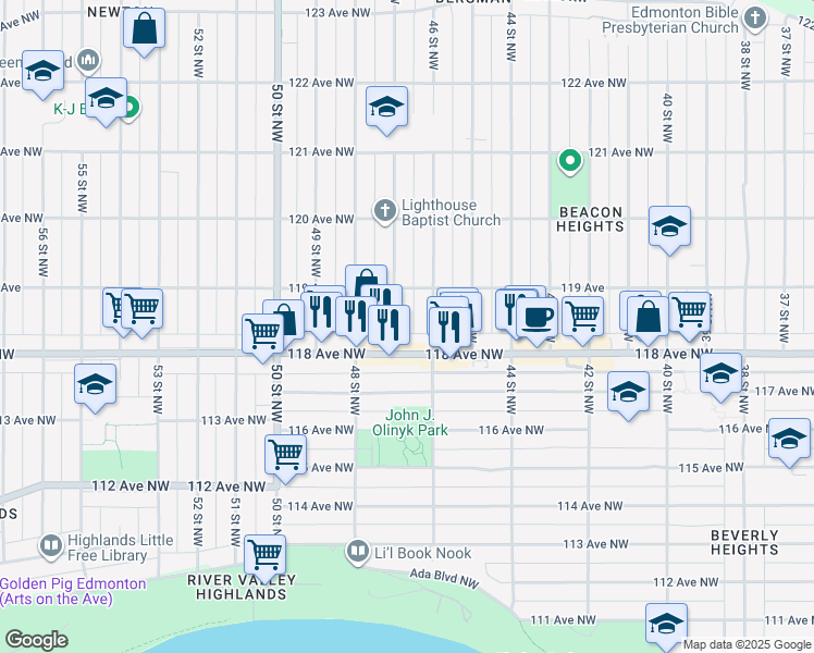 map of restaurants, bars, coffee shops, grocery stores, and more near 11811 47 Street Northwest in Edmonton