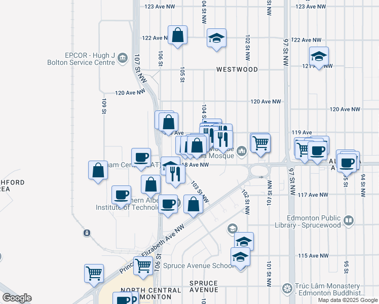 map of restaurants, bars, coffee shops, grocery stores, and more near in Edmonton