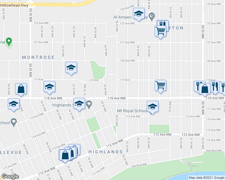 map of restaurants, bars, coffee shops, grocery stores, and more near 11832 58 Street Northwest in Edmonton