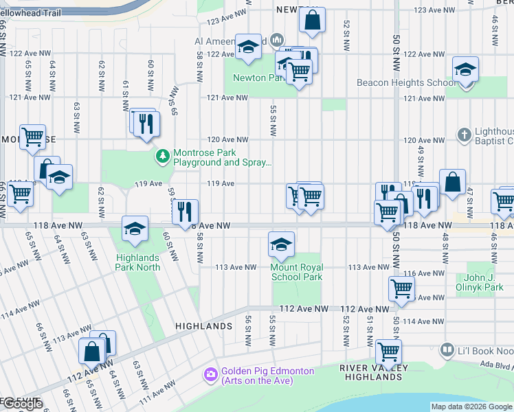 map of restaurants, bars, coffee shops, grocery stores, and more near 11825 56 Street Northwest in Edmonton