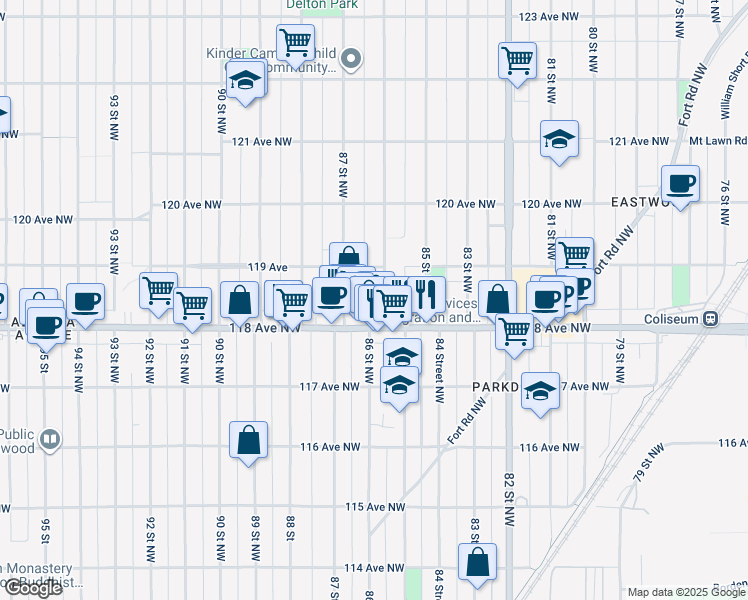 map of restaurants, bars, coffee shops, grocery stores, and more near 8636 118 Avenue Northwest in Edmonton