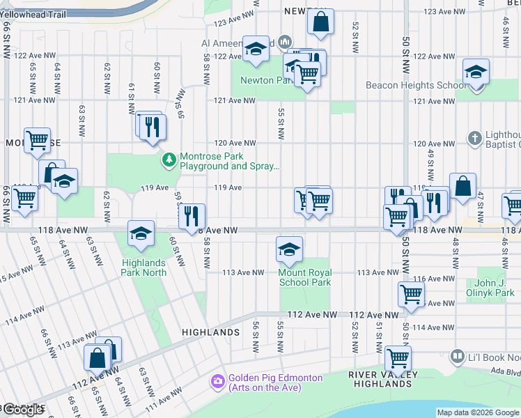 map of restaurants, bars, coffee shops, grocery stores, and more near 11825 56 Street Northwest in Edmonton