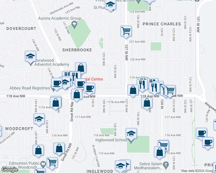 map of restaurants, bars, coffee shops, grocery stores, and more near 11821 129 Street Northwest in Edmonton