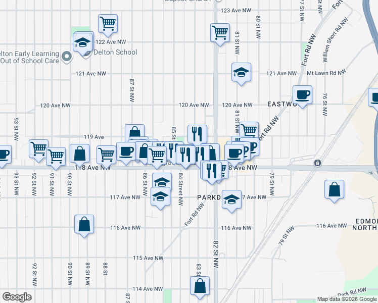 map of restaurants, bars, coffee shops, grocery stores, and more near 11819 83 Street Northwest in Edmonton
