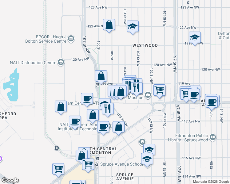map of restaurants, bars, coffee shops, grocery stores, and more near 11827 105 Street Northwest in Edmonton