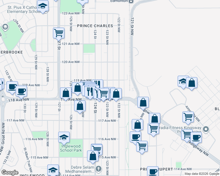 map of restaurants, bars, coffee shops, grocery stores, and more near 11817 123 Street Northwest in Edmonton