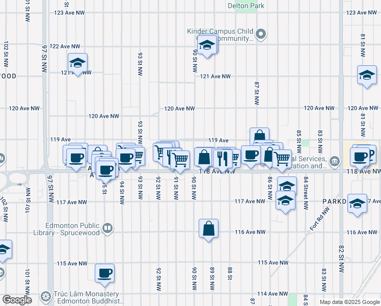 map of restaurants, bars, coffee shops, grocery stores, and more near 11821 90 Street Northwest in Edmonton
