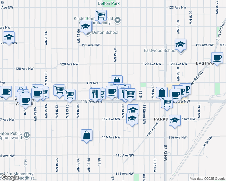 map of restaurants, bars, coffee shops, grocery stores, and more near 11848 87 Street Northwest in Edmonton