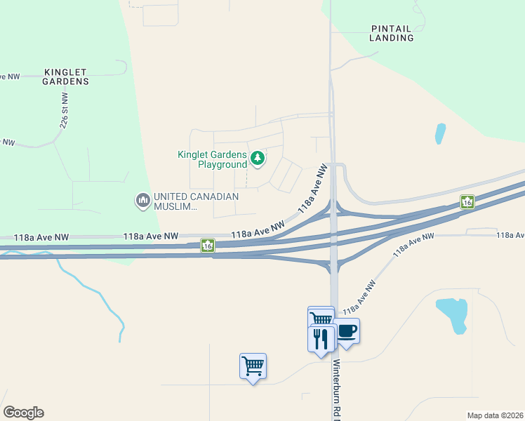 map of restaurants, bars, coffee shops, grocery stores, and more near 21830 118A Avenue Northwest in Edmonton
