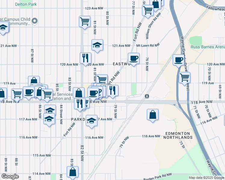 map of restaurants, bars, coffee shops, grocery stores, and more near 11816 79 Street Northwest in Edmonton