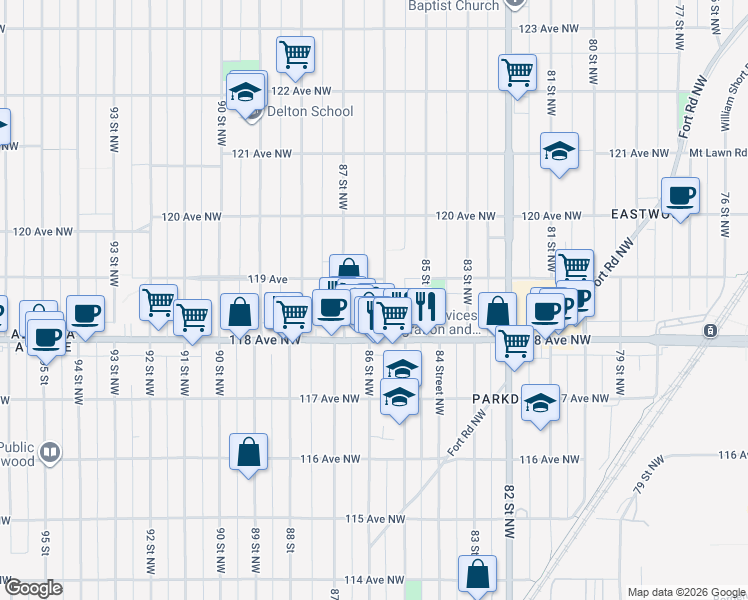 map of restaurants, bars, coffee shops, grocery stores, and more near 8636 118 Avenue Northwest in Edmonton