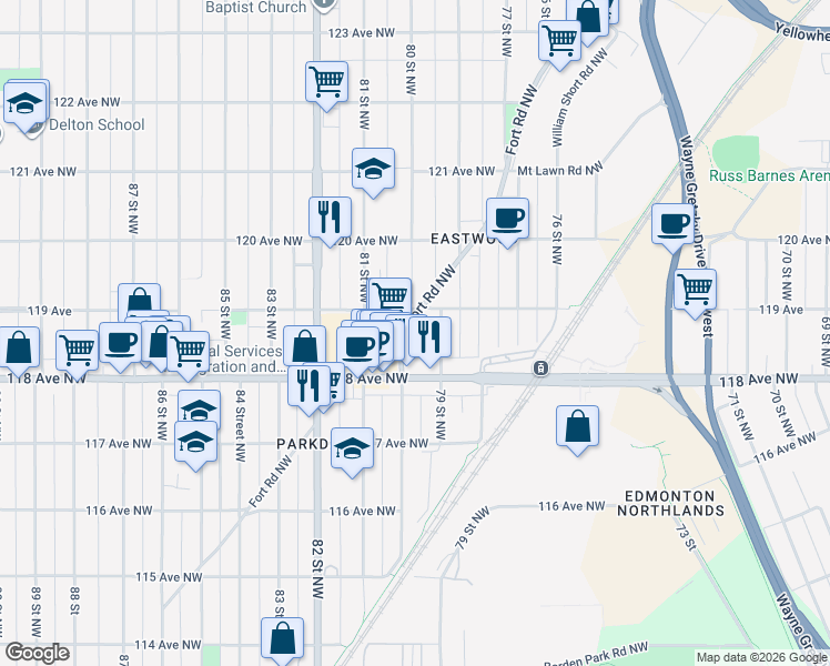 map of restaurants, bars, coffee shops, grocery stores, and more near 11816 79 Street Northwest in Edmonton