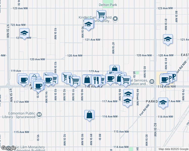 map of restaurants, bars, coffee shops, grocery stores, and more near 11815 89 Street Northwest in Edmonton
