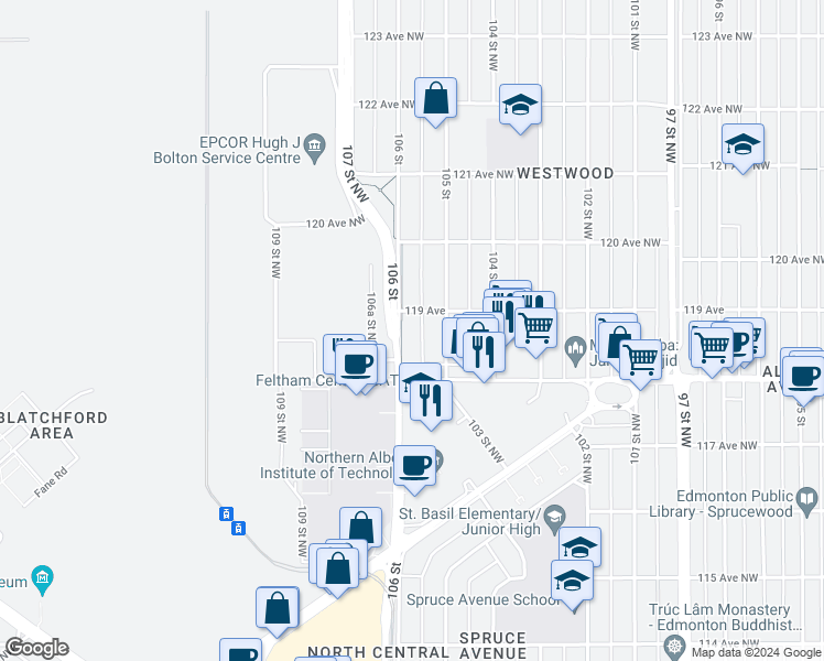 map of restaurants, bars, coffee shops, grocery stores, and more near 11841 106 Street in Edmonton