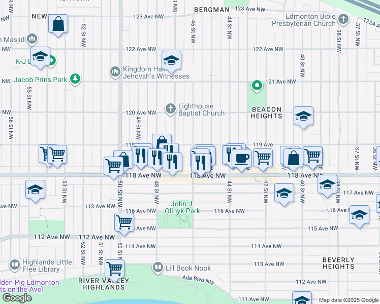 map of restaurants, bars, coffee shops, grocery stores, and more near in Edmonton