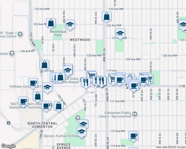 map of restaurants, bars, coffee shops, grocery stores, and more near 11820 101 Street Northwest in Edmonton