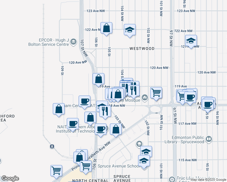 map of restaurants, bars, coffee shops, grocery stores, and more near in Edmonton