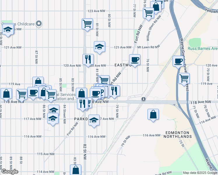 map of restaurants, bars, coffee shops, grocery stores, and more near 11816 79 Street Northwest in Edmonton