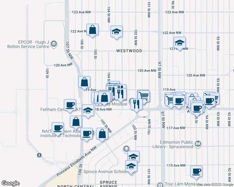 map of restaurants, bars, coffee shops, grocery stores, and more near 11815 103 Street Northwest in Edmonton
