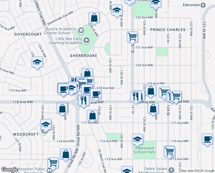 map of restaurants, bars, coffee shops, grocery stores, and more near 12924 118 Avenue Northwest in Edmonton