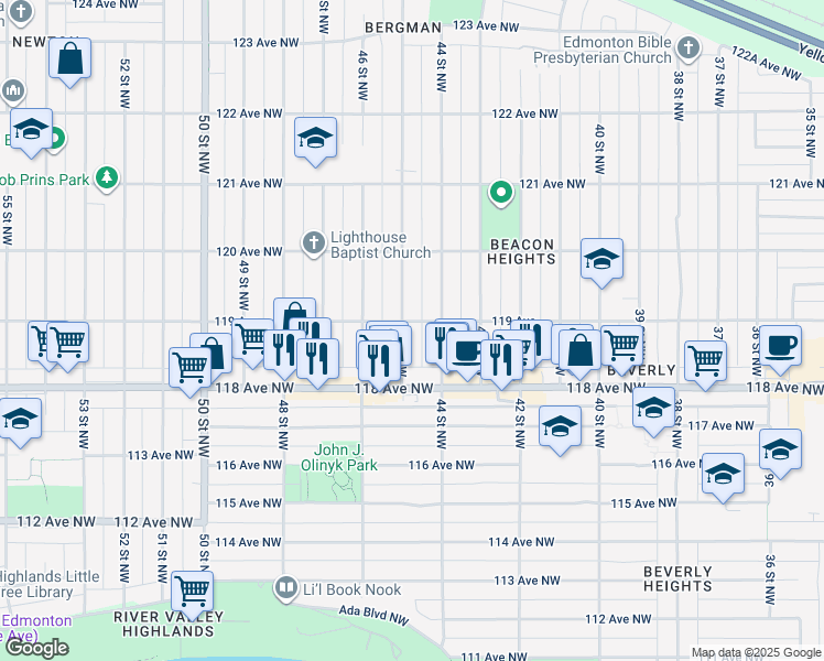map of restaurants, bars, coffee shops, grocery stores, and more near 11811 45 Street Northwest in Edmonton