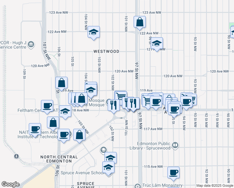 map of restaurants, bars, coffee shops, grocery stores, and more near 11820 101 Street Northwest in Edmonton