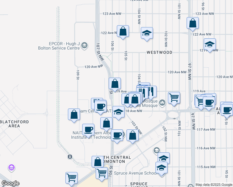 map of restaurants, bars, coffee shops, grocery stores, and more near 11845 106 Street in Edmonton