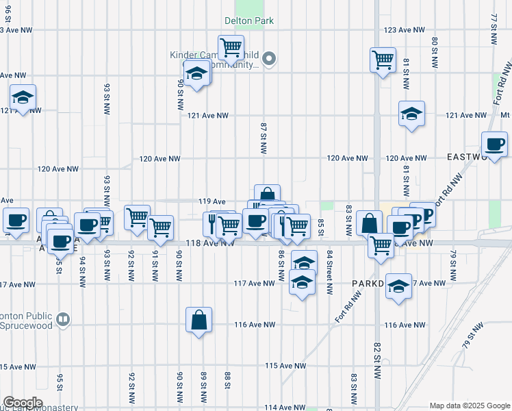 map of restaurants, bars, coffee shops, grocery stores, and more near 8707 119 Avenue Northwest in Edmonton