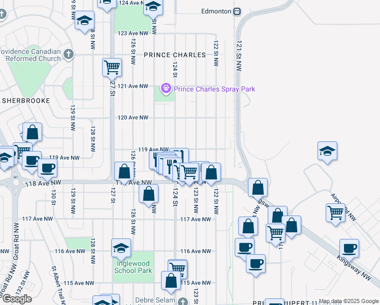 map of restaurants, bars, coffee shops, grocery stores, and more near 11912 123 Street Northwest in Edmonton