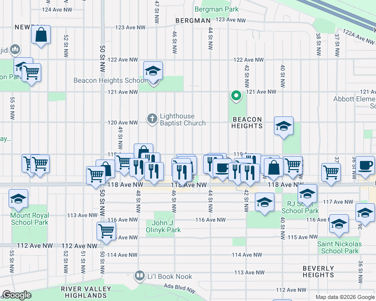 map of restaurants, bars, coffee shops, grocery stores, and more near 11915 45 Street Northwest in Edmonton