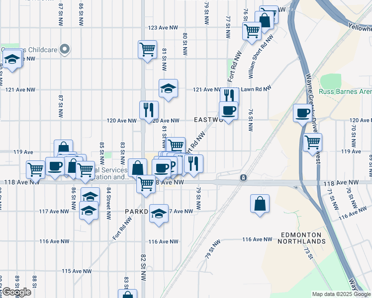 map of restaurants, bars, coffee shops, grocery stores, and more near 11909 80 Street Northwest in Edmonton