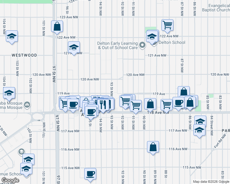 map of restaurants, bars, coffee shops, grocery stores, and more near 11917 93 Street Northwest in Edmonton