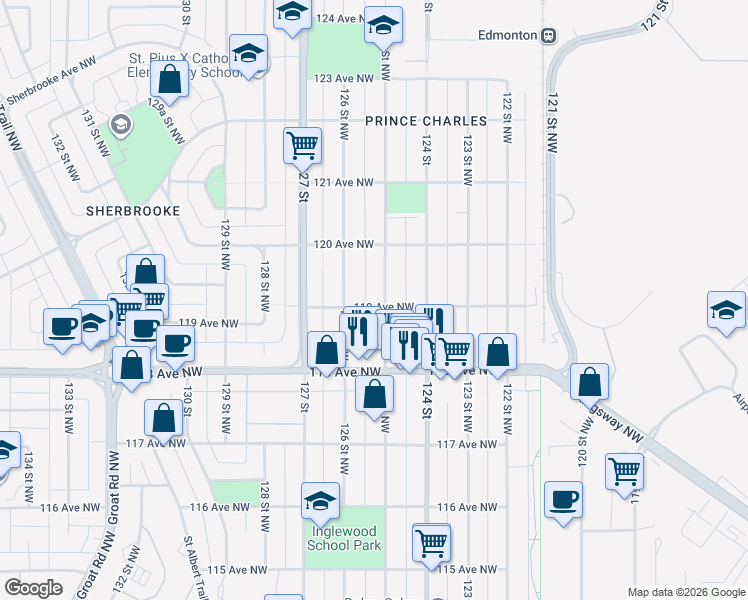 map of restaurants, bars, coffee shops, grocery stores, and more near 11914 125 Street Northwest in Edmonton