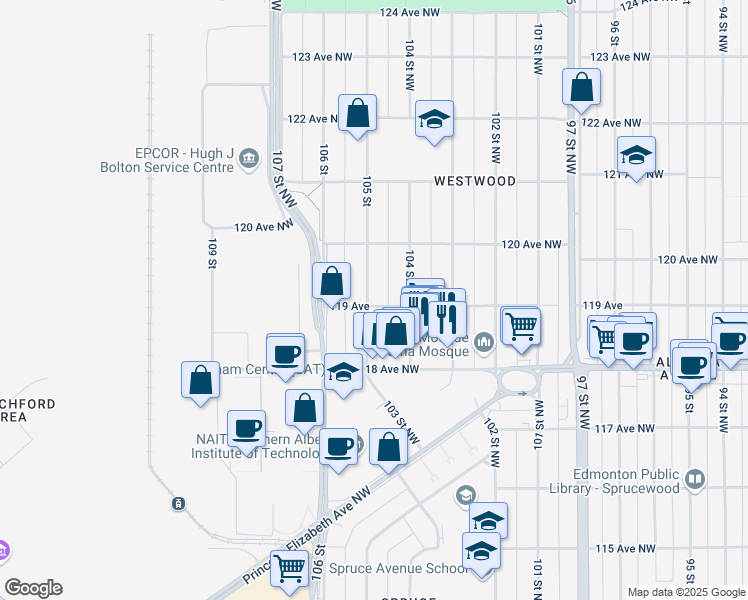 map of restaurants, bars, coffee shops, grocery stores, and more near 10416 119 Avenue Northwest in Edmonton