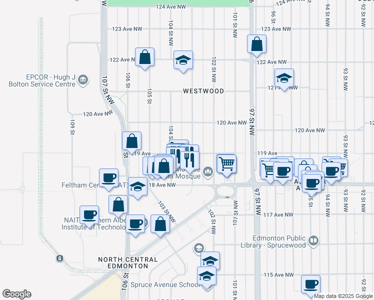 map of restaurants, bars, coffee shops, grocery stores, and more near 11920 103 Street Northwest in Edmonton